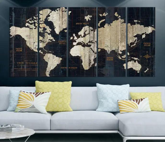 The Old World Map Wall Art Canvas Print elegantly graces the space, presenting museum-quality artwork that is gallery wrapped and finished with a UV-protective coating, ensuring lasting vibrancy and style in your decor.