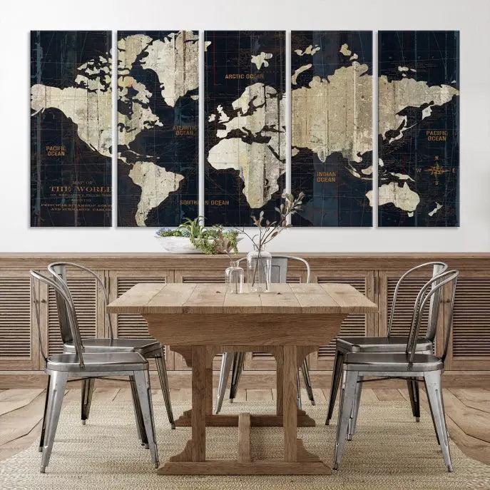 The Old World Map Wall Art Canvas Print elegantly graces the space, presenting museum-quality artwork that is gallery wrapped and finished with a UV-protective coating, ensuring lasting vibrancy and style in your decor.