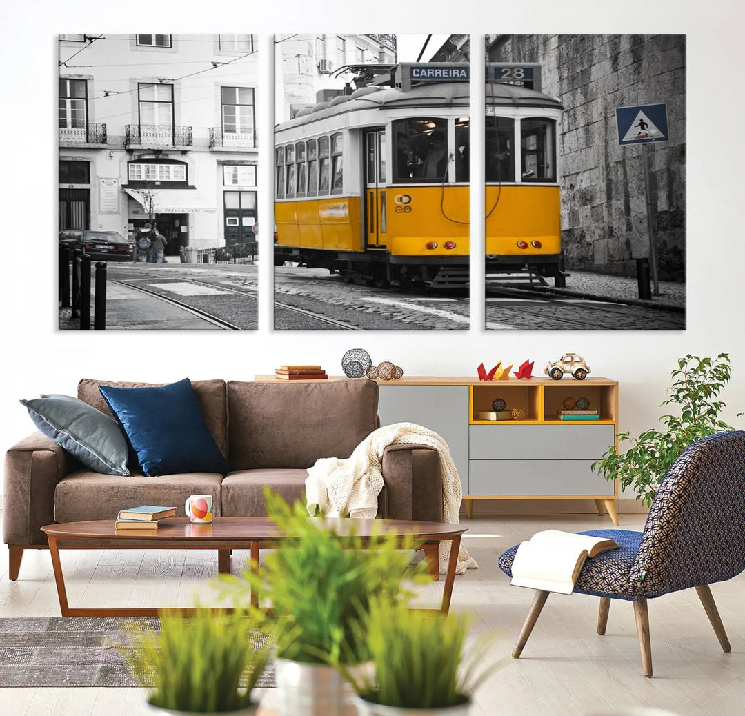 The wall art in the room features gallery-wrapped canvases with the "Old Yellow Tram Canvas Wall Art Canvas Print," which depicts a yellow tram against black-and-white city streets.