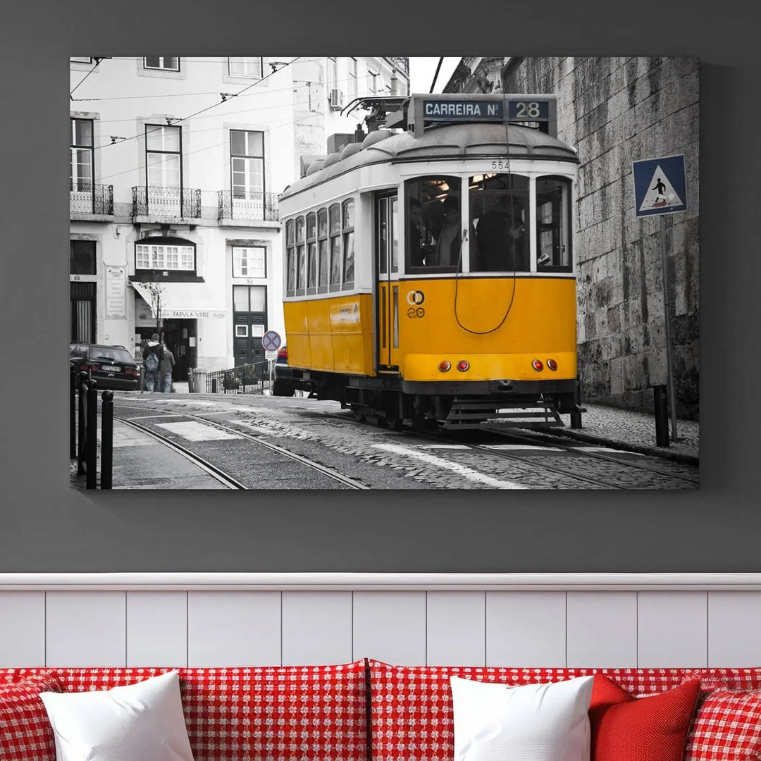 The wall art in the room features gallery-wrapped canvases with the "Old Yellow Tram Canvas Wall Art Canvas Print," which depicts a yellow tram against black-and-white city streets.