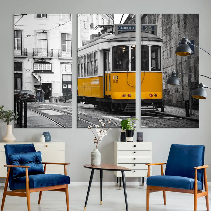 The wall art in the room features gallery-wrapped canvases with the "Old Yellow Tram Canvas Wall Art Canvas Print," which depicts a yellow tram against black-and-white city streets.