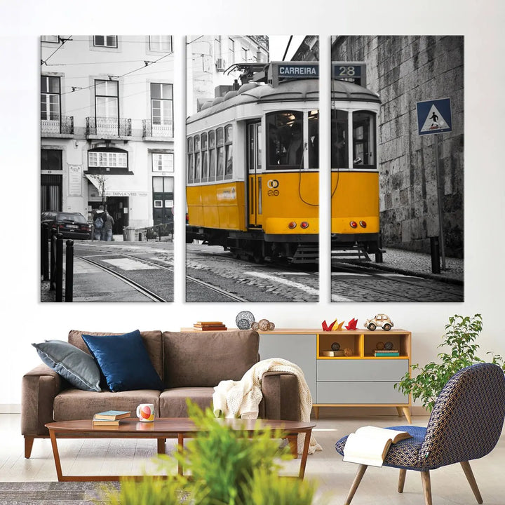 The wall art in the room features gallery-wrapped canvases with the "Old Yellow Tram Canvas Wall Art Canvas Print," which depicts a yellow tram against black-and-white city streets.