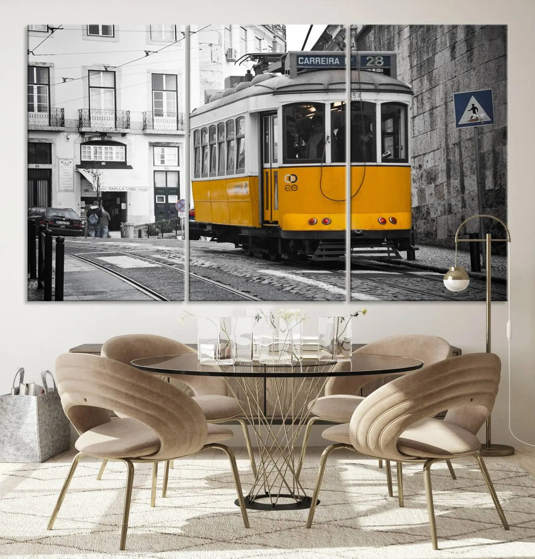 The wall art in the room features gallery-wrapped canvases with the "Old Yellow Tram Canvas Wall Art Canvas Print," which depicts a yellow tram against black-and-white city streets.