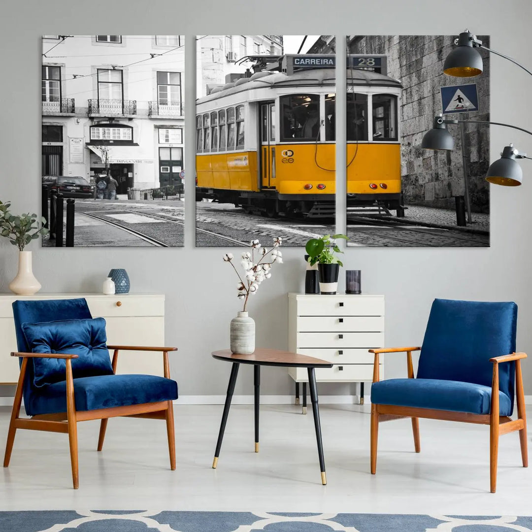 The wall art in the room features gallery-wrapped canvases with the "Old Yellow Tram Canvas Wall Art Canvas Print," which depicts a yellow tram against black-and-white city streets.