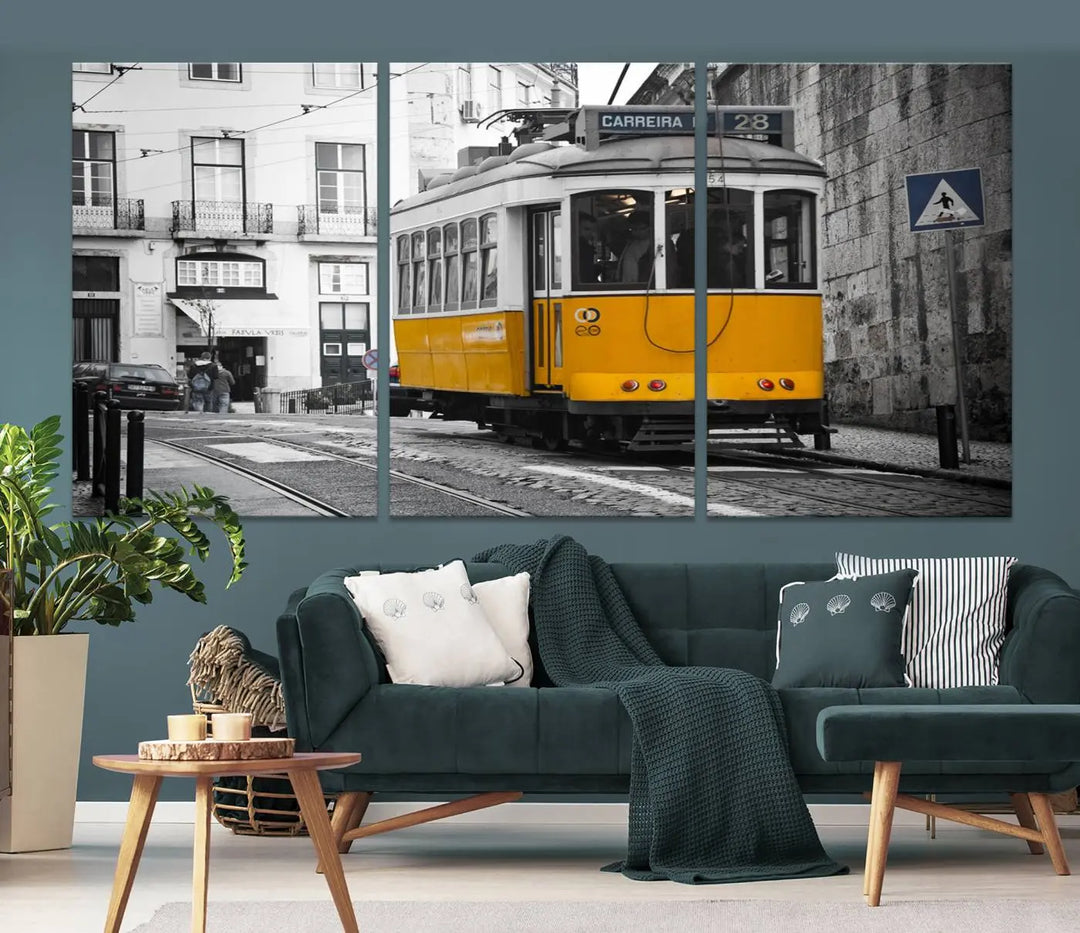 The wall art in the room features gallery-wrapped canvases with the "Old Yellow Tram Canvas Wall Art Canvas Print," which depicts a yellow tram against black-and-white city streets.