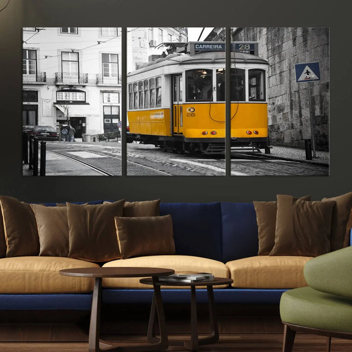 The wall art in the room features gallery-wrapped canvases with the "Old Yellow Tram Canvas Wall Art Canvas Print," which depicts a yellow tram against black-and-white city streets.