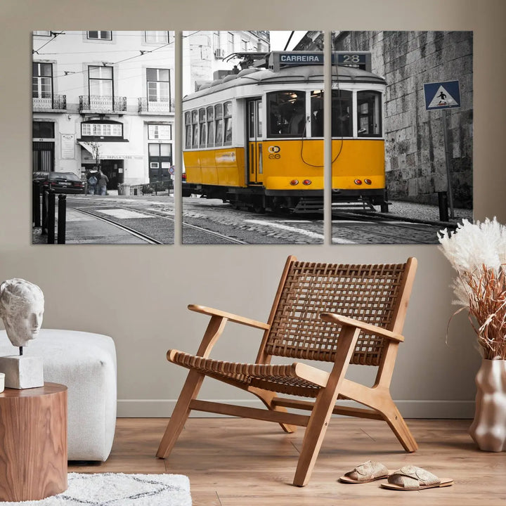 The wall art in the room features gallery-wrapped canvases with the "Old Yellow Tram Canvas Wall Art Canvas Print," which depicts a yellow tram against black-and-white city streets.