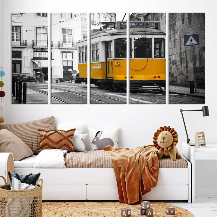 The wall art in the room features gallery-wrapped canvases with the "Old Yellow Tram Canvas Wall Art Canvas Print," which depicts a yellow tram against black-and-white city streets.