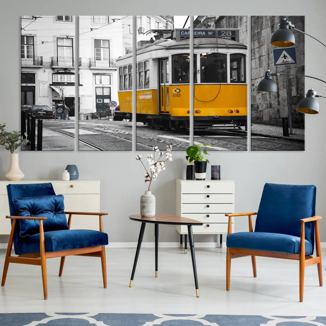 The wall art in the room features gallery-wrapped canvases with the "Old Yellow Tram Canvas Wall Art Canvas Print," which depicts a yellow tram against black-and-white city streets.