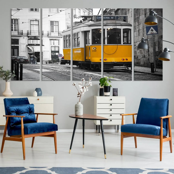 The wall art in the room features gallery-wrapped canvases with the "Old Yellow Tram Canvas Wall Art Canvas Print," which depicts a yellow tram against black-and-white city streets.