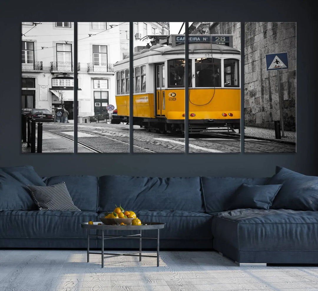 The wall art in the room features gallery-wrapped canvases with the "Old Yellow Tram Canvas Wall Art Canvas Print," which depicts a yellow tram against black-and-white city streets.