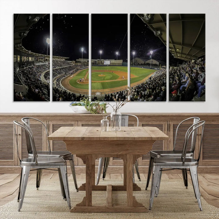 The living room is accentuated by the gallery-quality finish of a stunning three-panel canvas, the "Olsen Field at Blue Bell Park - Texas A&M Aggies Baseball Stadium Wall Art Canvas Print," beautifully depicting a baseball stadium at night.