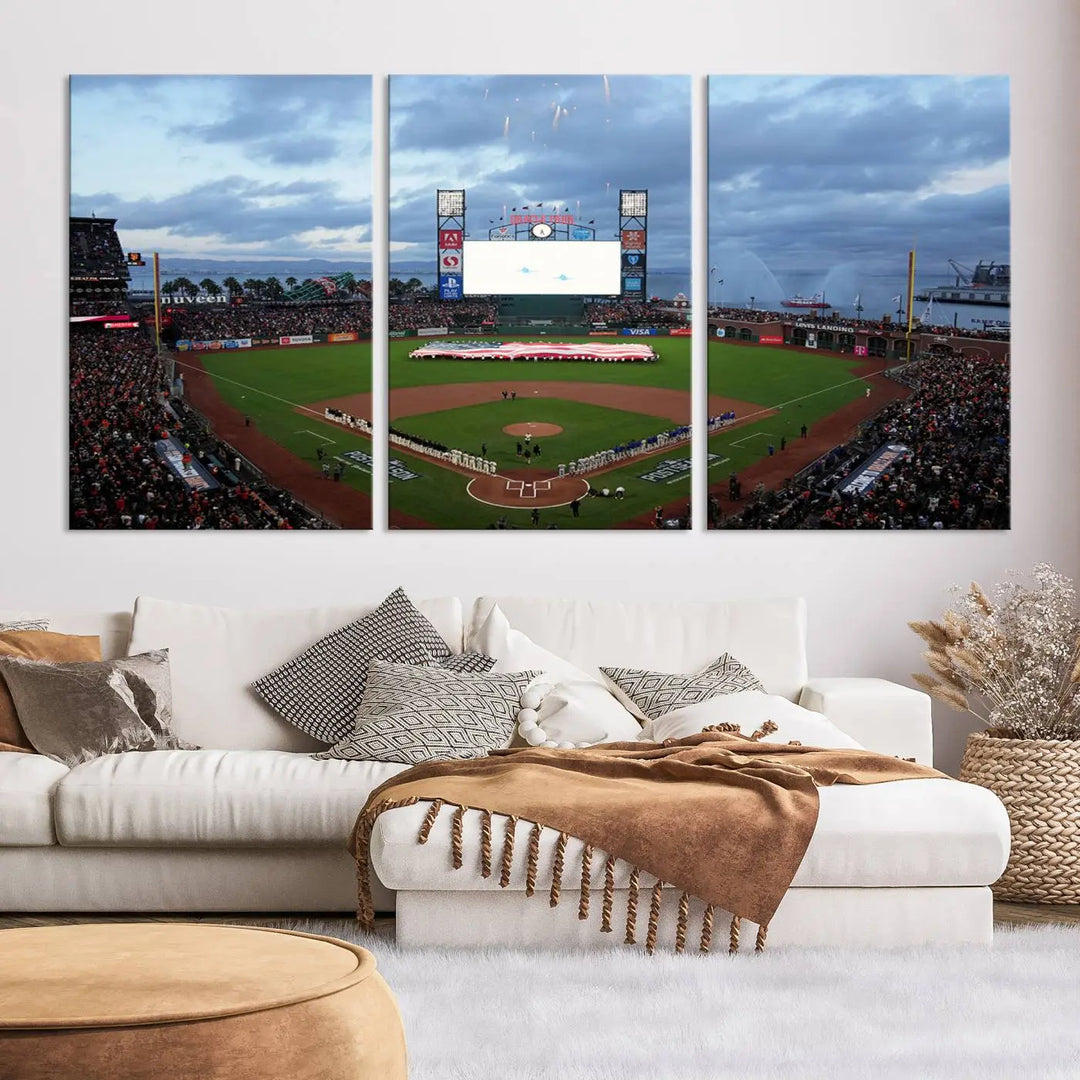 A large 3-panel canvas print of Oracle Park stadium hangs prominently, embodying the essence of this iconic venue.