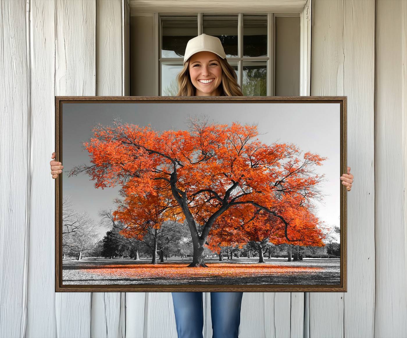 71922-MGV-CV-36X24-Orange Autumn Tree Wall Art Canvas Print – Framed Vibrant Fall Foliage Scene Artwork for Home, Office, Living Room Decor