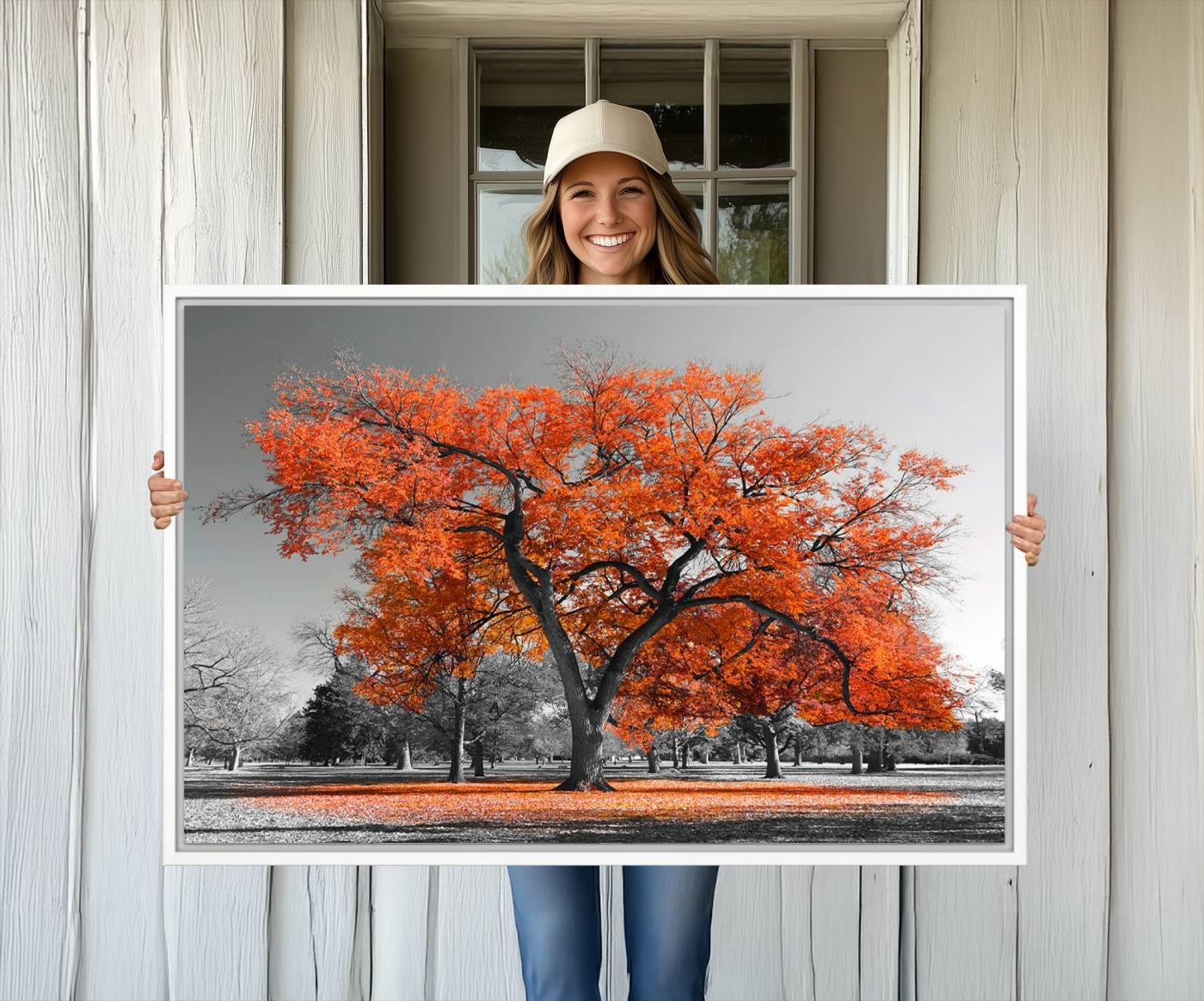 71922-MGV-CV-36X24-Orange Autumn Tree Wall Art Canvas Print – Framed Vibrant Fall Foliage Scene Artwork for Home, Office, Living Room Decor