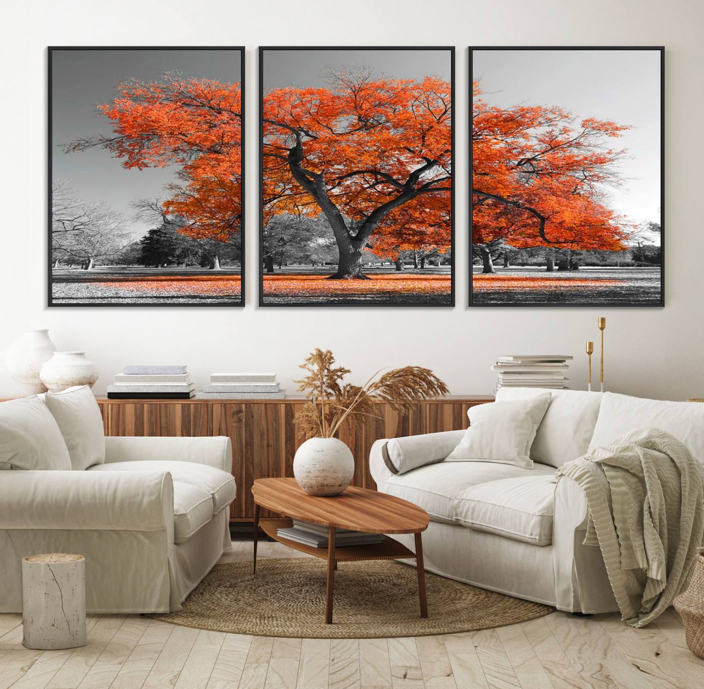71922-MGV-FC-60X30-3P_Black-Orange Autumn Tree Wall Art Canvas Print – Framed Vibrant Fall Foliage Scene Artwork for Home, Office, Living Room Decor