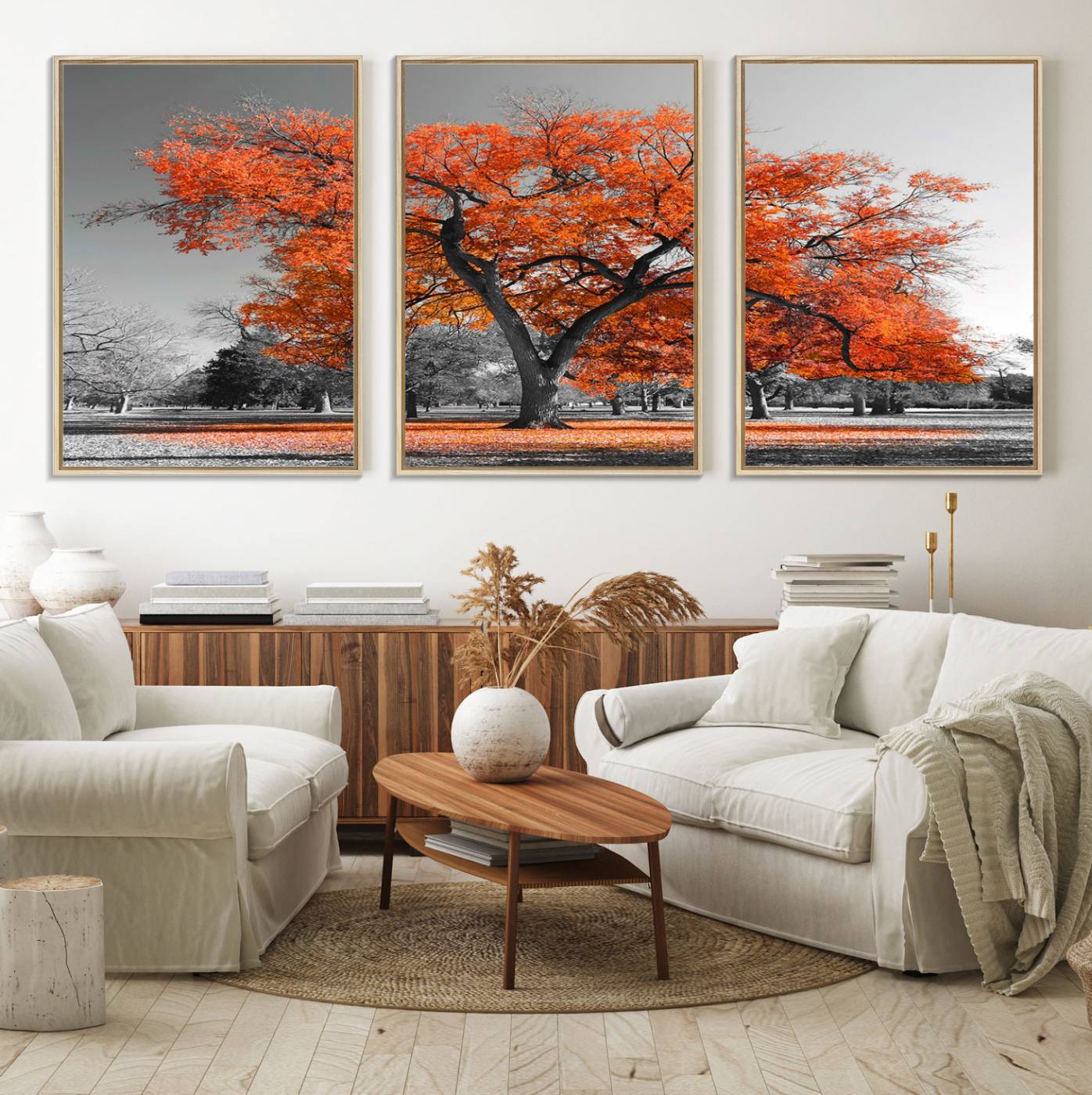 71922-MGV-FC-60X30-3P_Natural-Orange Autumn Tree Wall Art Canvas Print – Framed Vibrant Fall Foliage Scene Artwork for Home, Office, Living Room Decor