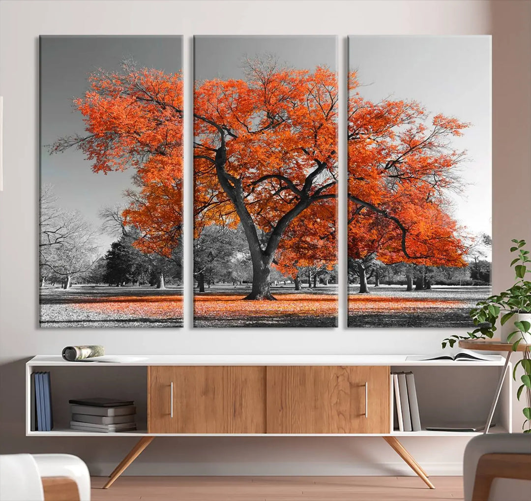 The "Orange Autumn Tree Canvas Wall Art Print" features a triptych of a tree with vibrant orange leaves set in a grayscale park. It's printed on museum-quality canvas and safeguarded by a UV-protective coating, making it the perfect artwork for any space.