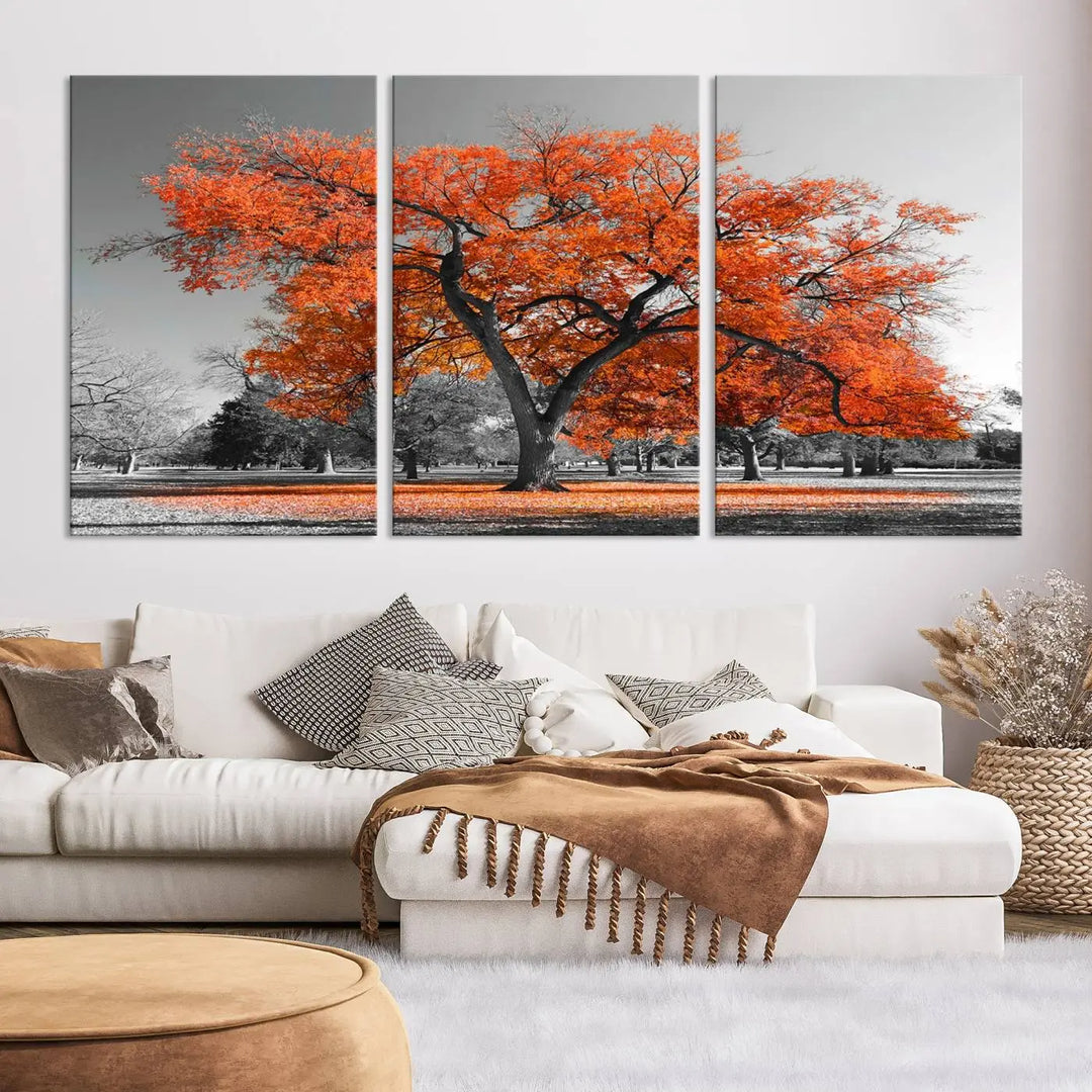 The "Orange Autumn Tree Canvas Wall Art Print" features a triptych of a tree with vibrant orange leaves set in a grayscale park. It's printed on museum-quality canvas and safeguarded by a UV-protective coating, making it the perfect artwork for any space.