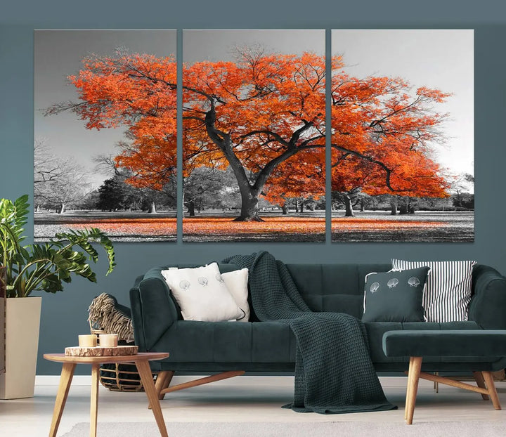 The "Orange Autumn Tree Canvas Wall Art Print" features a triptych of a tree with vibrant orange leaves set in a grayscale park. It's printed on museum-quality canvas and safeguarded by a UV-protective coating, making it the perfect artwork for any space.