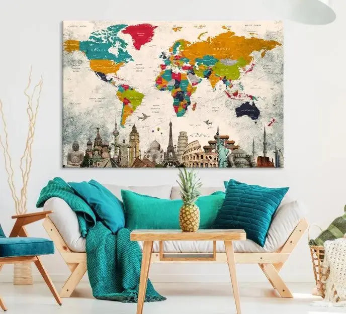 The Orange Green World Map Wall Art Canvas Print, featuring a tri-panel design with vibrant countries and renowned landmarks, is beautifully displayed.