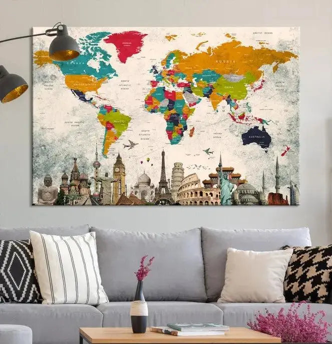 Orange Green World Map Wall Art Canvas Print 