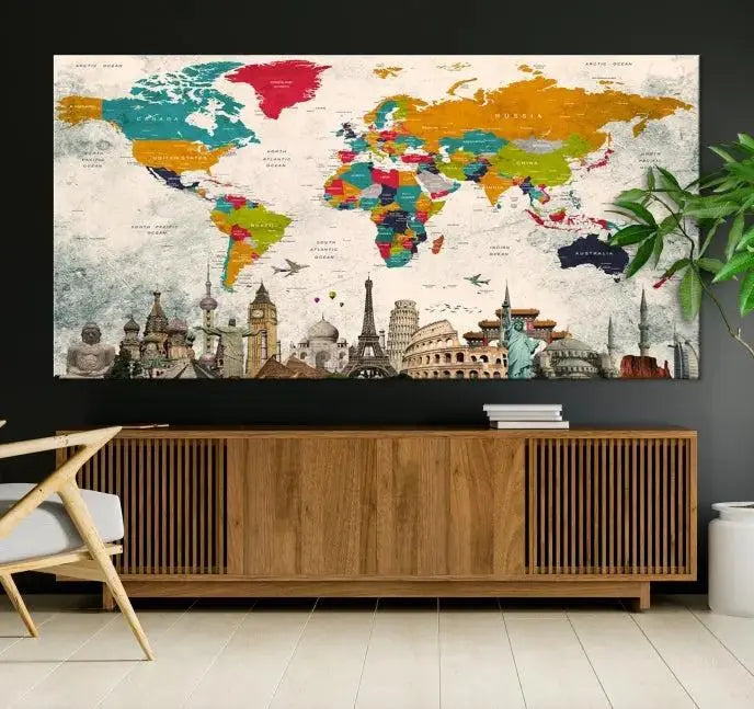 Orange Green World Map Wall Art Canvas Print 