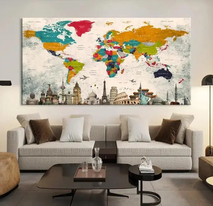 The Orange Green World Map Wall Art Canvas Print, featuring a tri-panel design with vibrant countries and renowned landmarks, is beautifully displayed.