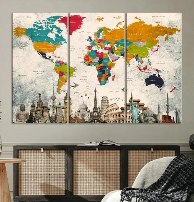 The Orange Green World Map Wall Art Canvas Print, featuring a tri-panel design with vibrant countries and renowned landmarks, is beautifully displayed.