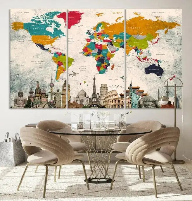 The Orange Green World Map Wall Art Canvas Print, featuring a tri-panel design with vibrant countries and renowned landmarks, is beautifully displayed.