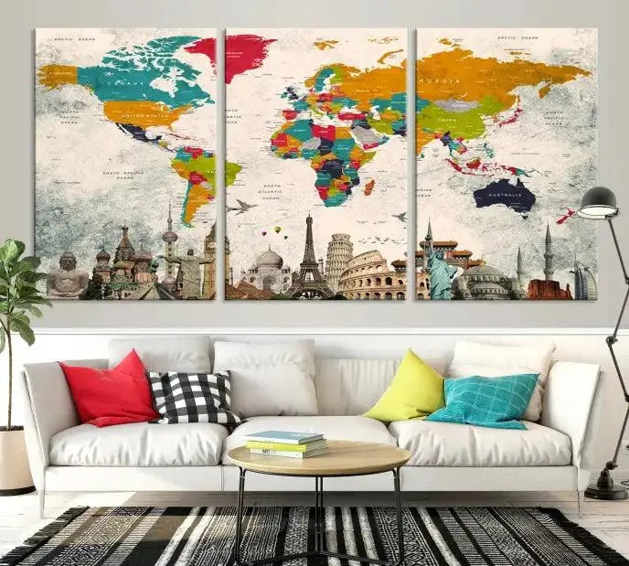 Orange Green World Map Wall Art Canvas Print 