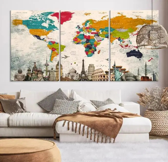 Orange Green World Map Wall Art Canvas Print 