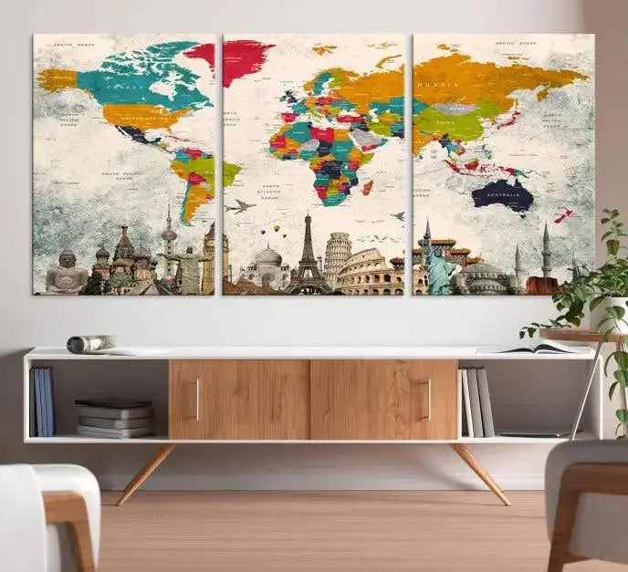 Orange Green World Map Wall Art Canvas Print 