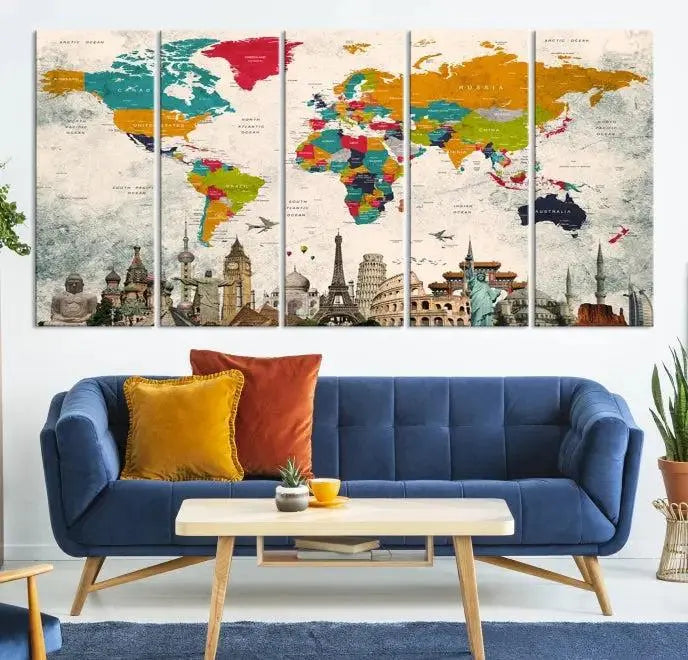 Orange Green World Map Wall Art Canvas Print 