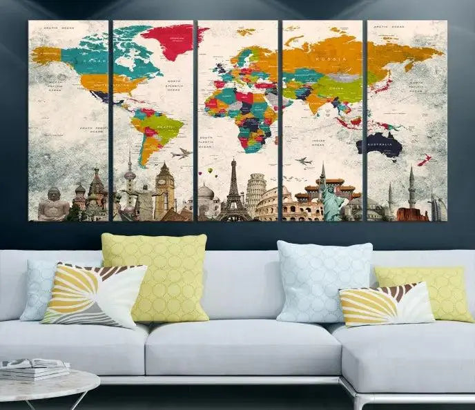 The Orange Green World Map Wall Art Canvas Print, featuring a tri-panel design with vibrant countries and renowned landmarks, is beautifully displayed.