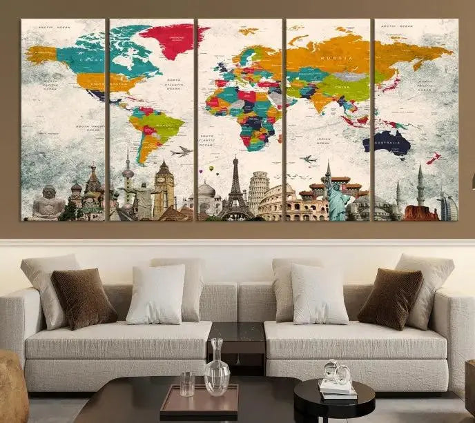 The Orange Green World Map Wall Art Canvas Print, featuring a tri-panel design with vibrant countries and renowned landmarks, is beautifully displayed.