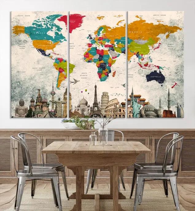 Orange Green World Map Wall Art Canvas Print 