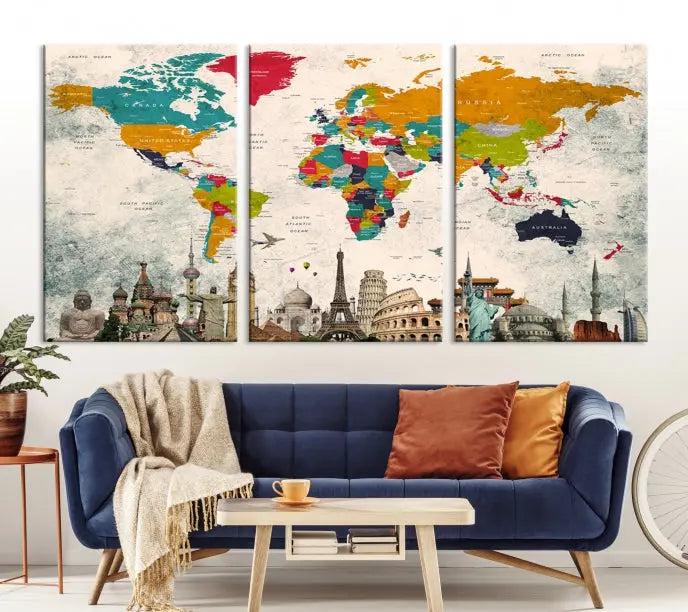 Orange Green World Map Wall Art Canvas Print 