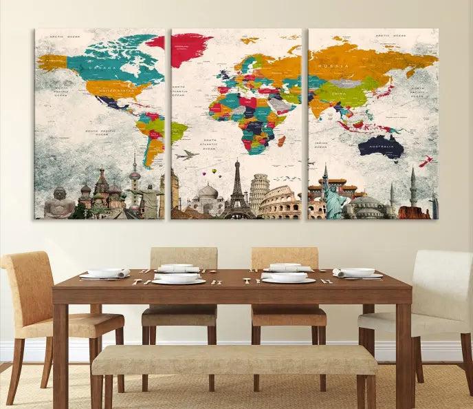 Orange Green World Map Wall Art Canvas Print 