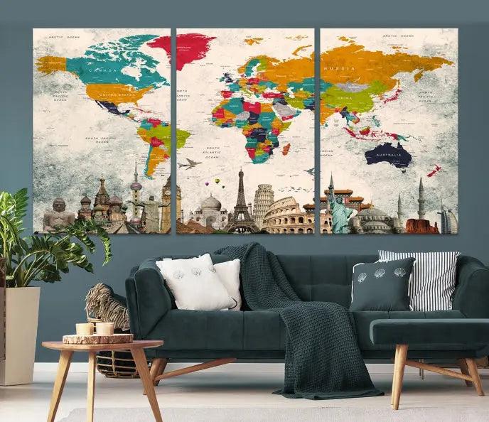 The Orange Green World Map Wall Art Canvas Print, featuring a tri-panel design with vibrant countries and renowned landmarks, is beautifully displayed.