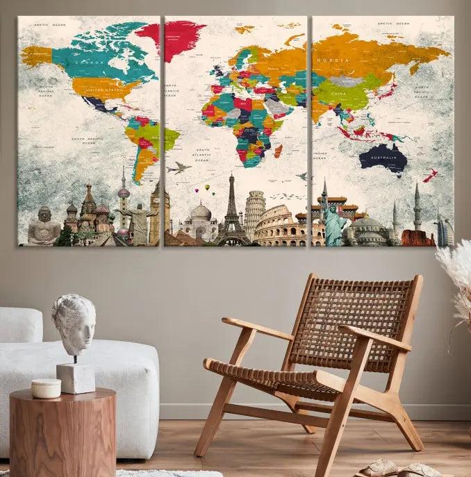 The Orange Green World Map Wall Art Canvas Print, featuring a tri-panel design with vibrant countries and renowned landmarks, is beautifully displayed.