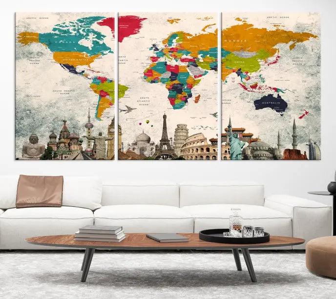 Orange Green World Map Wall Art Canvas Print 