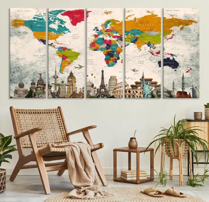 The Orange Green World Map Wall Art Canvas Print, featuring a tri-panel design with vibrant countries and renowned landmarks, is beautifully displayed.