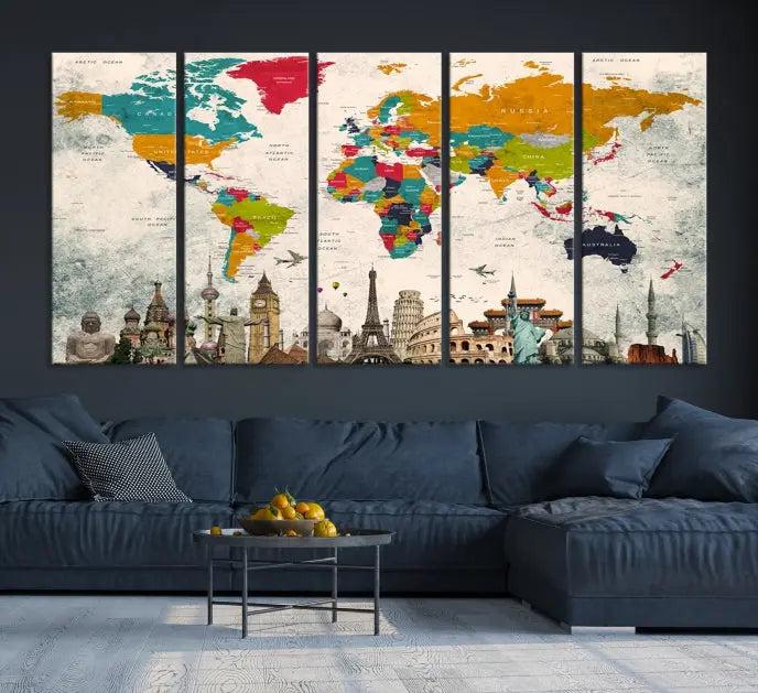 The Orange Green World Map Wall Art Canvas Print, featuring a tri-panel design with vibrant countries and renowned landmarks, is beautifully displayed.