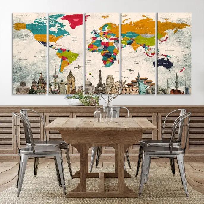 The Orange Green World Map Wall Art Canvas Print, featuring a tri-panel design with vibrant countries and renowned landmarks, is beautifully displayed.