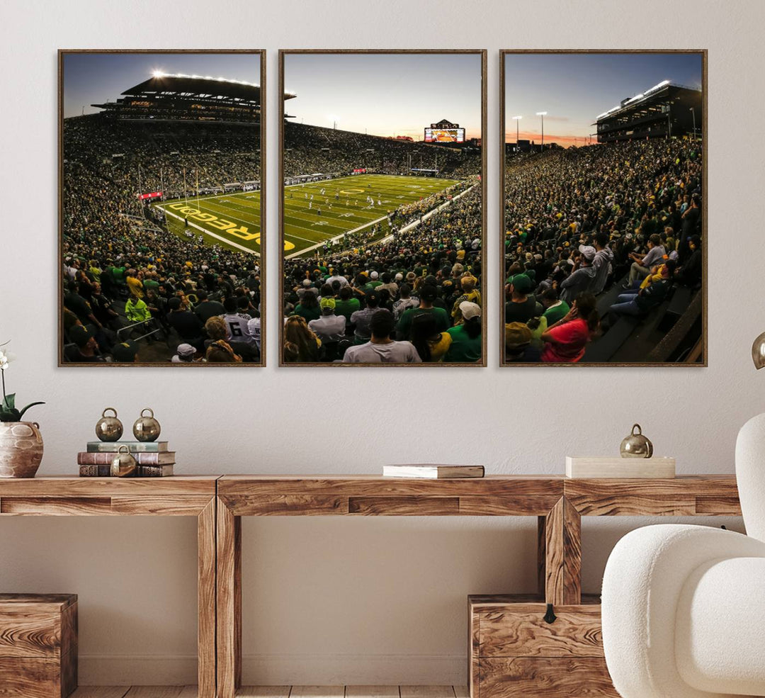 15228-MGV-FC-60X30-3P_Walnut-Oregon Stadium Canvas Wall Art - Captivating Game Day Scene at Autzen Stadium, Oregon Ducks Football Art, Perfect for Sports Fans