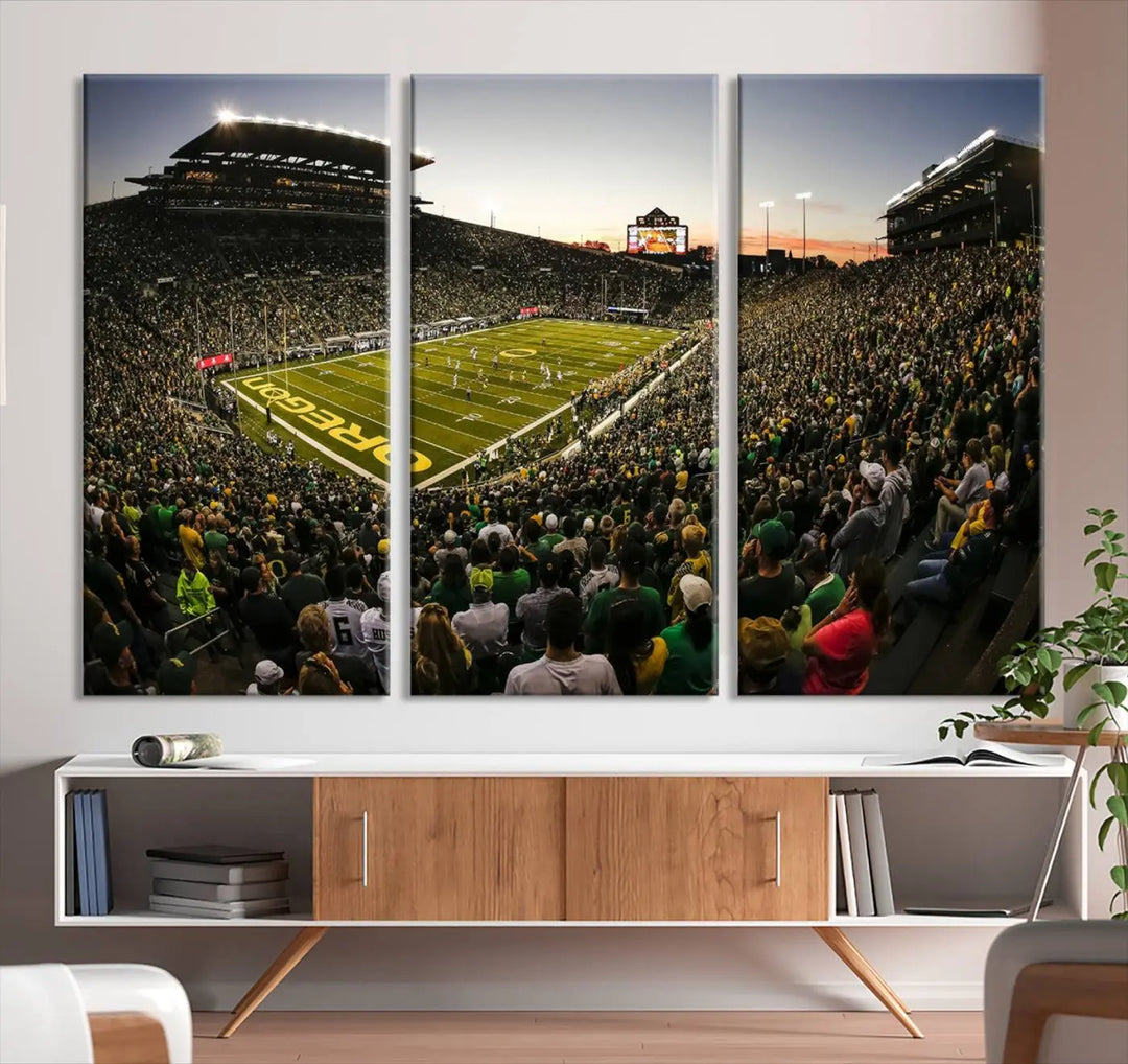 Oregon Stadium Canvas Wall Art - Captivating Game Day Scene at Autzen Stadium, Oregon Ducks Football Art brings the lively atmosphere of an Oregon Ducks football game to life with its vibrant energy.