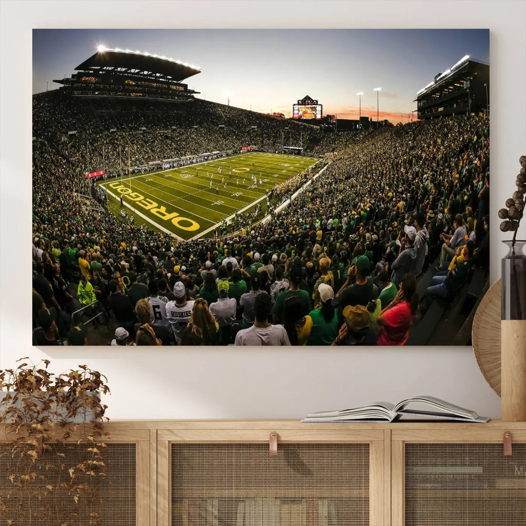 Oregon Stadium Canvas Wall Art - Captivating Game Day Scene at Autzen Stadium, Oregon Ducks Football Art brings the lively atmosphere of an Oregon Ducks football game to life with its vibrant energy.