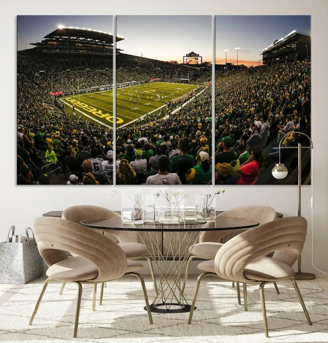 Oregon Stadium Canvas Wall Art - Captivating Game Day Scene at Autzen Stadium, Oregon Ducks Football Art brings the lively atmosphere of an Oregon Ducks football game to life with its vibrant energy.