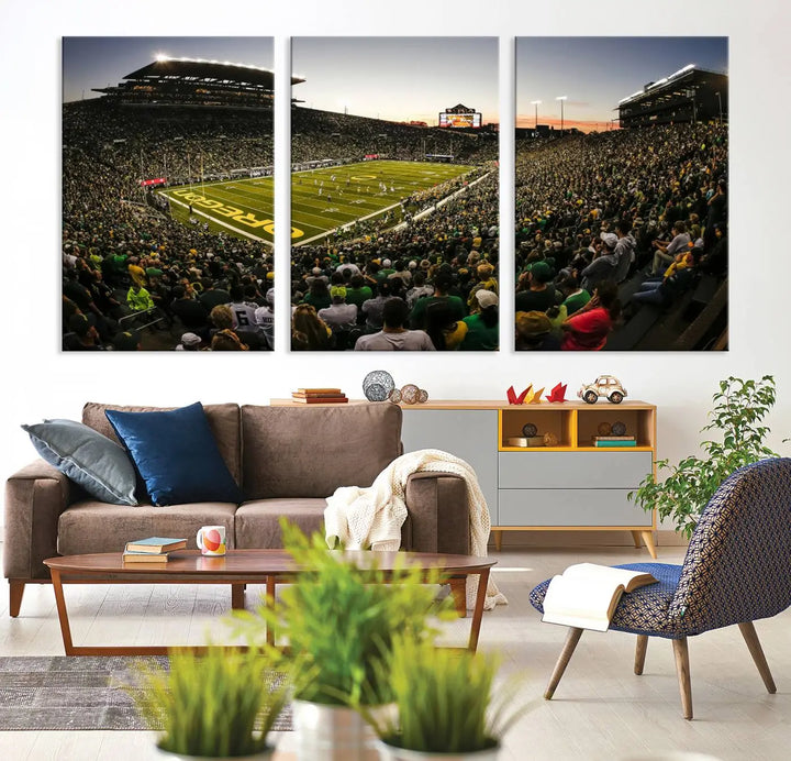 Oregon Stadium Canvas Wall Art - Captivating Game Day Scene at Autzen Stadium, Oregon Ducks Football Art brings the lively atmosphere of an Oregon Ducks football game to life with its vibrant energy.